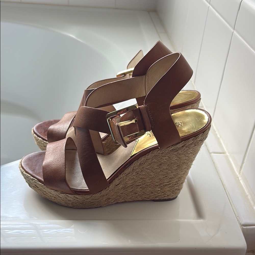 Michael Kors Brown Leather Wedge Sandals